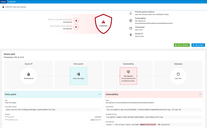 screenshot of Dynatrace blocked SQL injection report showing attack details