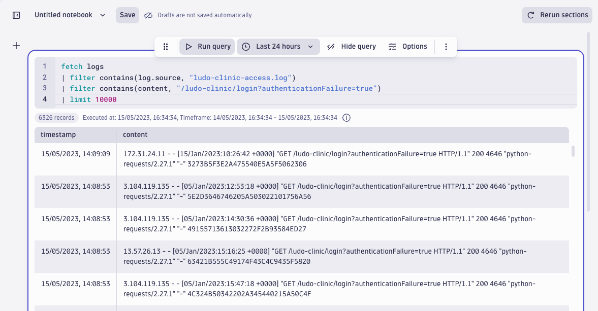 screenshot of log forensics query result showing 6531 records