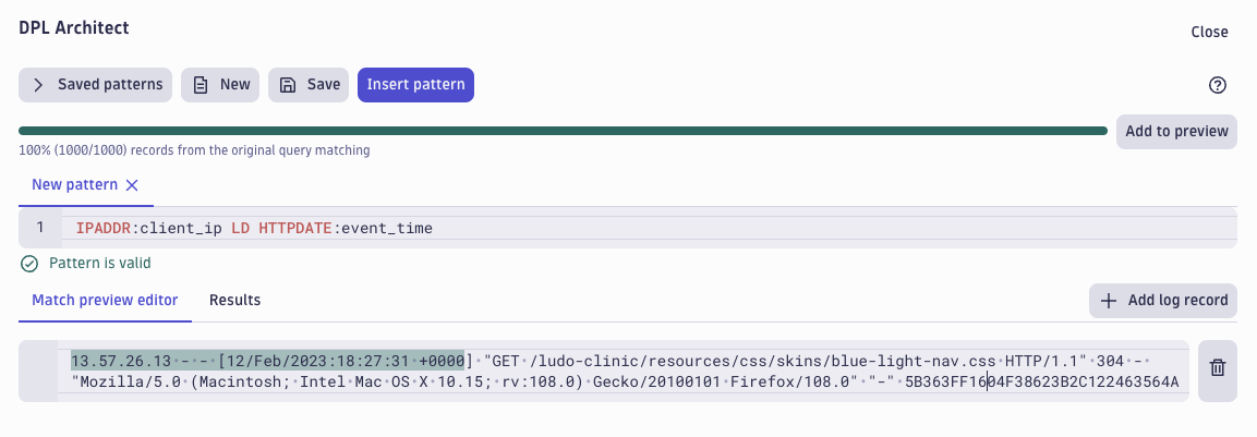 screenshot showing ad-hoc parsing timestamps and clientIP using the DPL architect