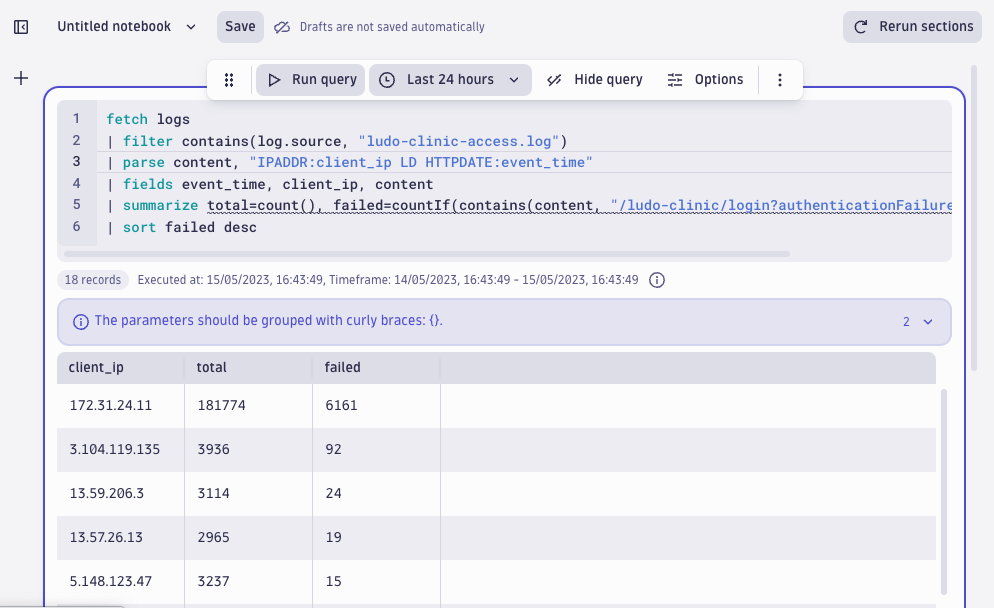 screenshot showing the count of failed logins from the originating IP address