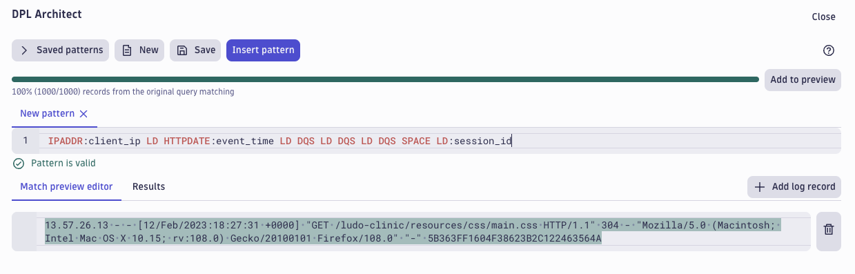 screenshot showing a query that extracts session IDs involving the target IP address 