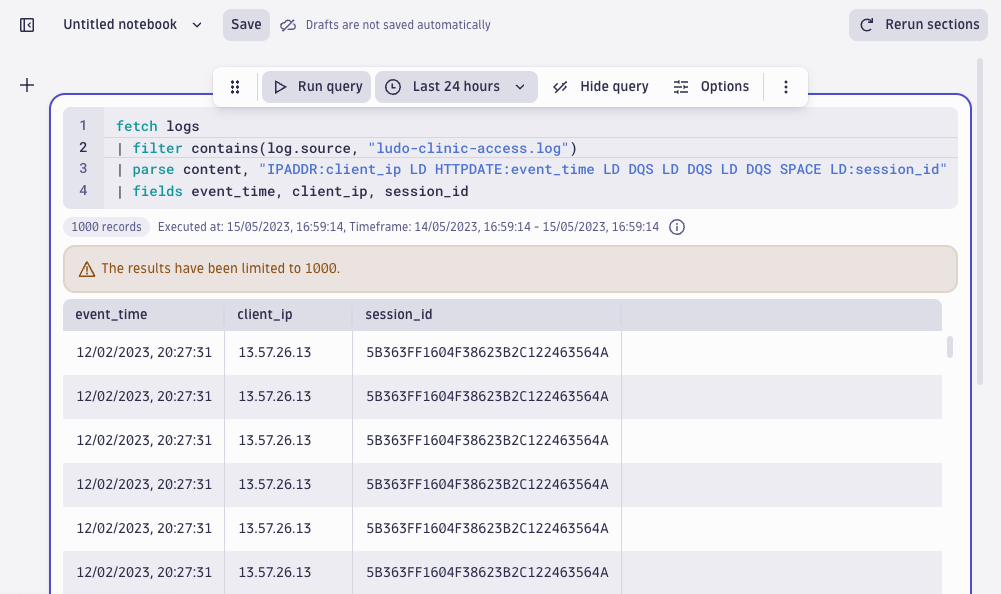 screenshot showing the results of a query that extracts session IDs involving the target IP address 