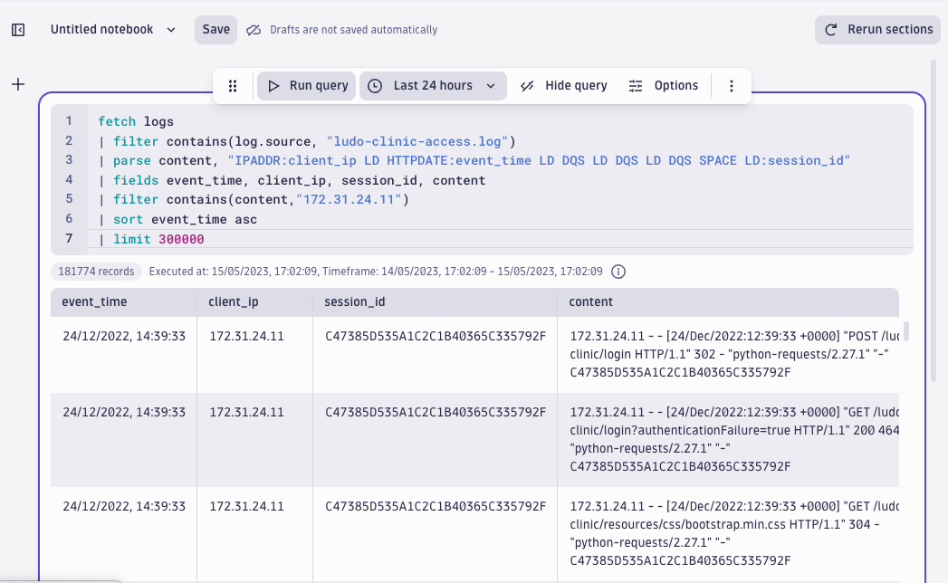 screenshot showing a query that extracts the event times involving the target IP address