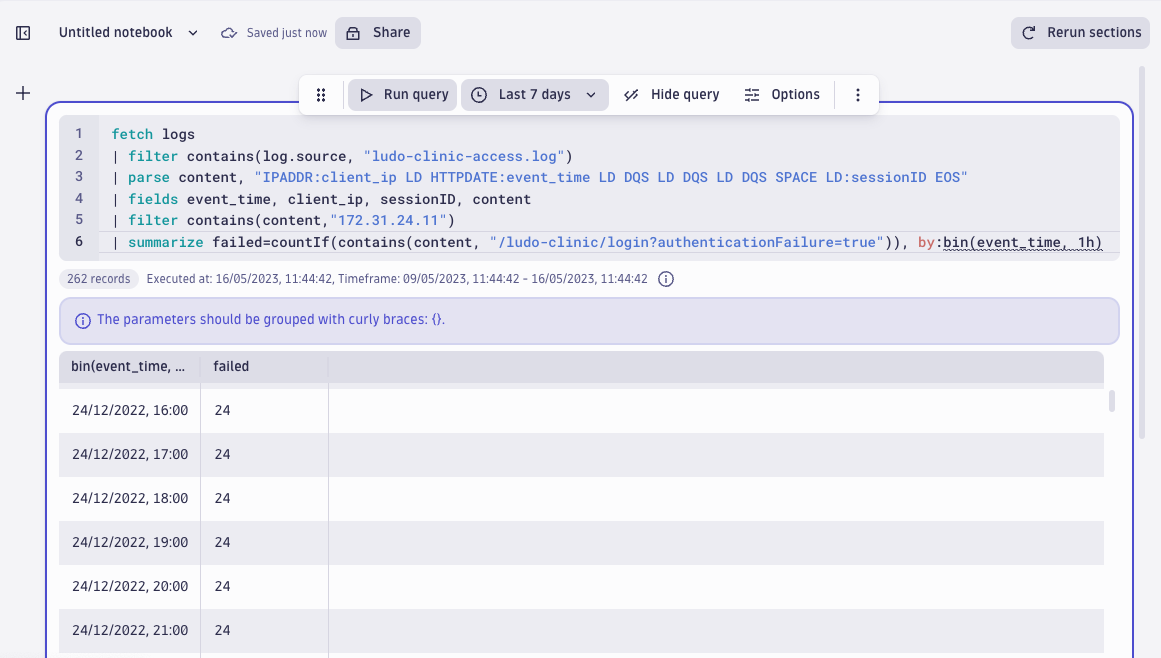 screenshot showing a query that counts the number of failed logins involving the target IP address 