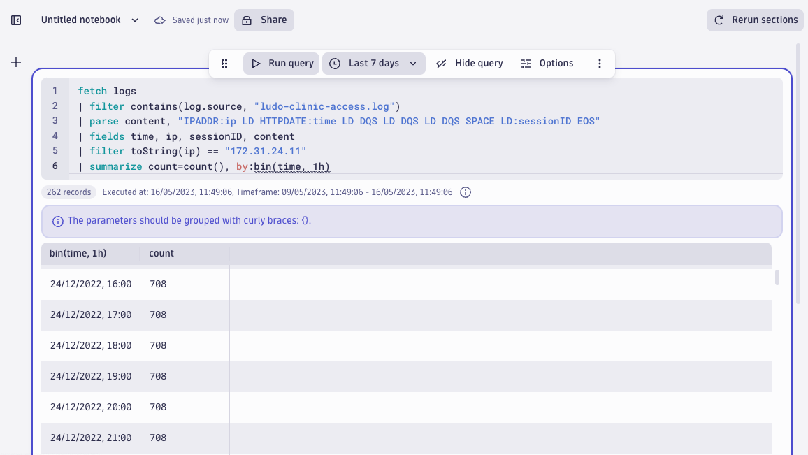 screenshot showing a query that returns all logins from the target IP address.