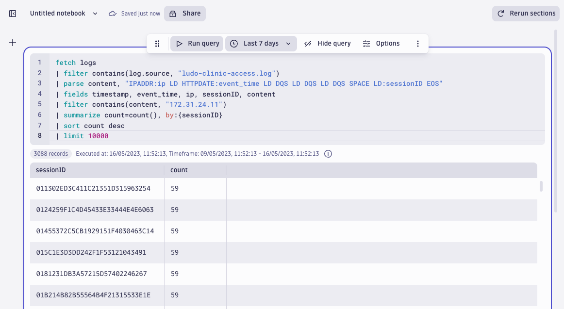 screenshot showing a query that identifies logins by session ID that suggests automated activity.