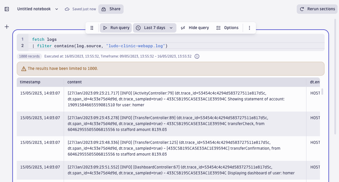 screenshot showing a log forensics query that shows content of the web application log.