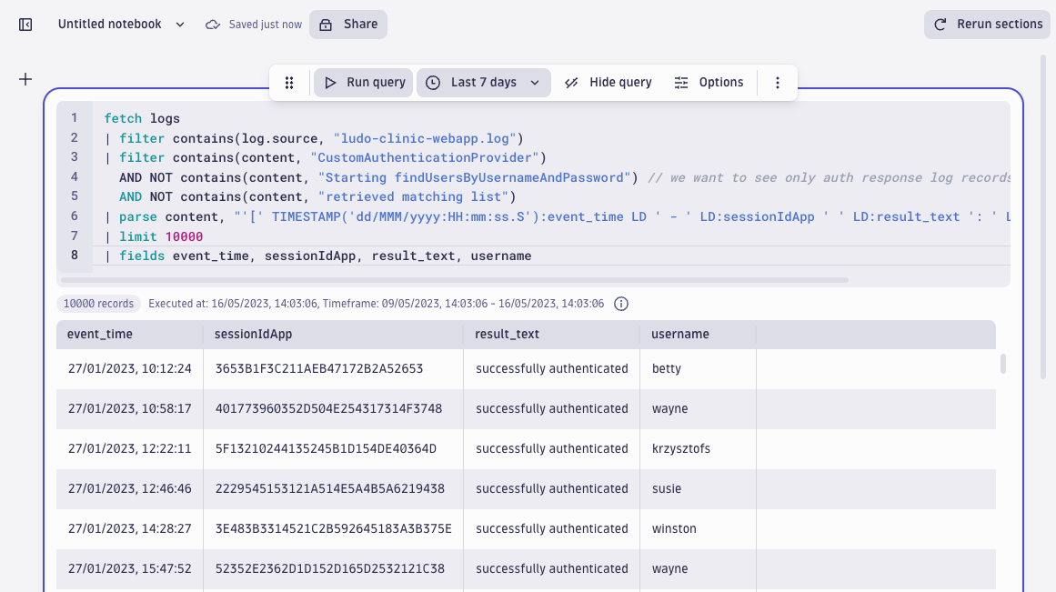 screenshot showing the full query with the fields of interest from the web application log.