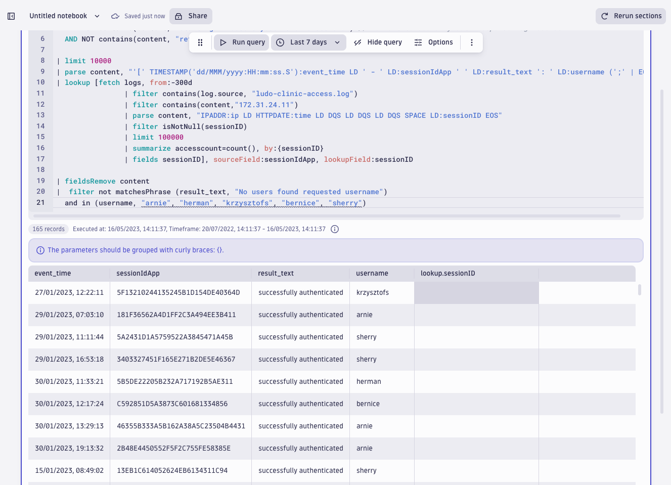 screenshot showing drilldown to identify affected usernames.