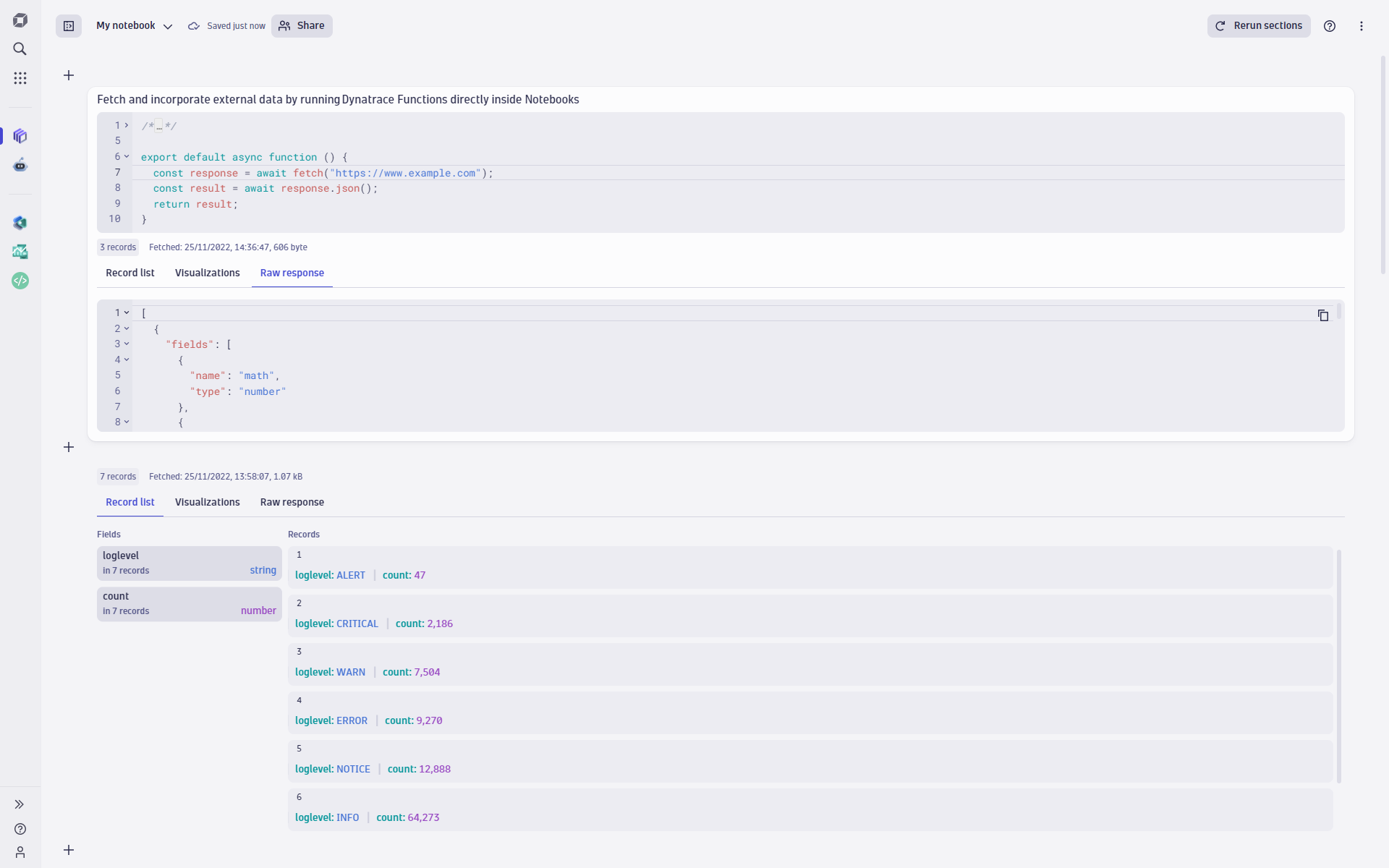 Fetch and incorporate external data by running Dynatrace functions inside Notebooks.