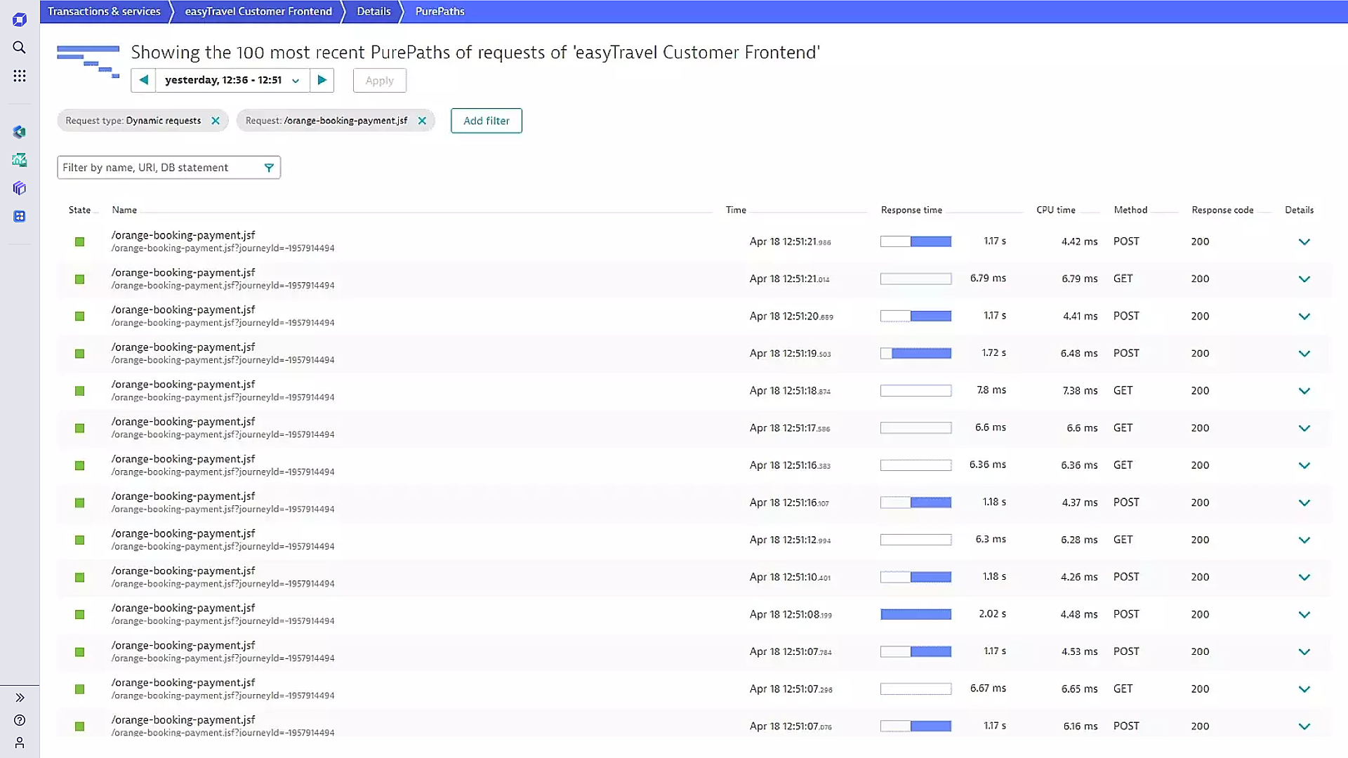 List of most recent PurePaths of web request in Dynatrace screenshot