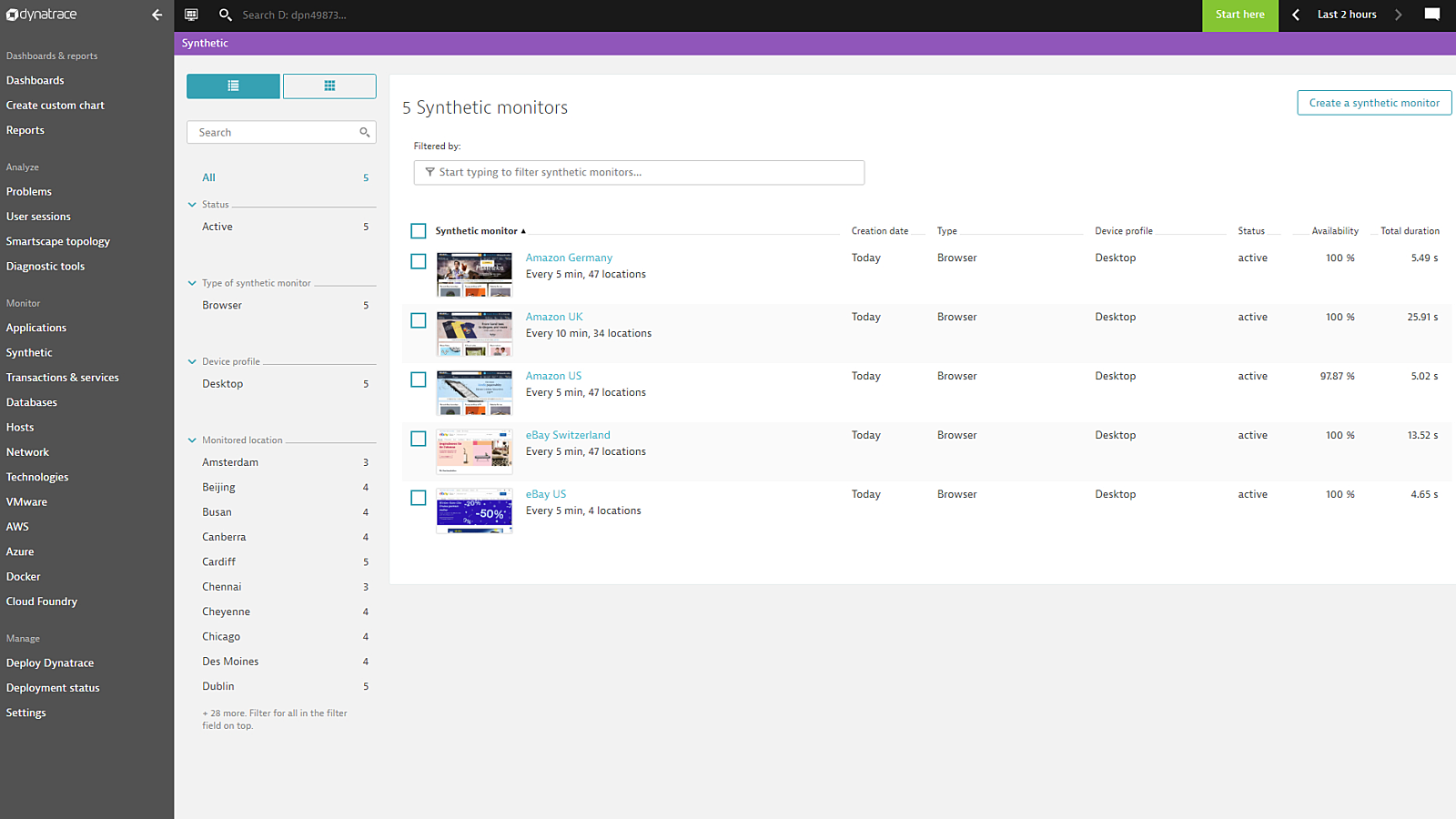 Synthetic monitors list in Dynatrace screenshot